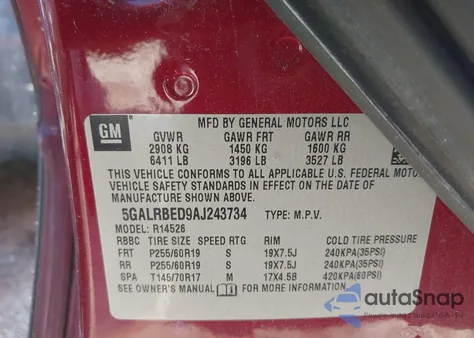 2010 Buick Enclave 1Xl из США, поврежденный, VIN 5GALRBED9AJ243734